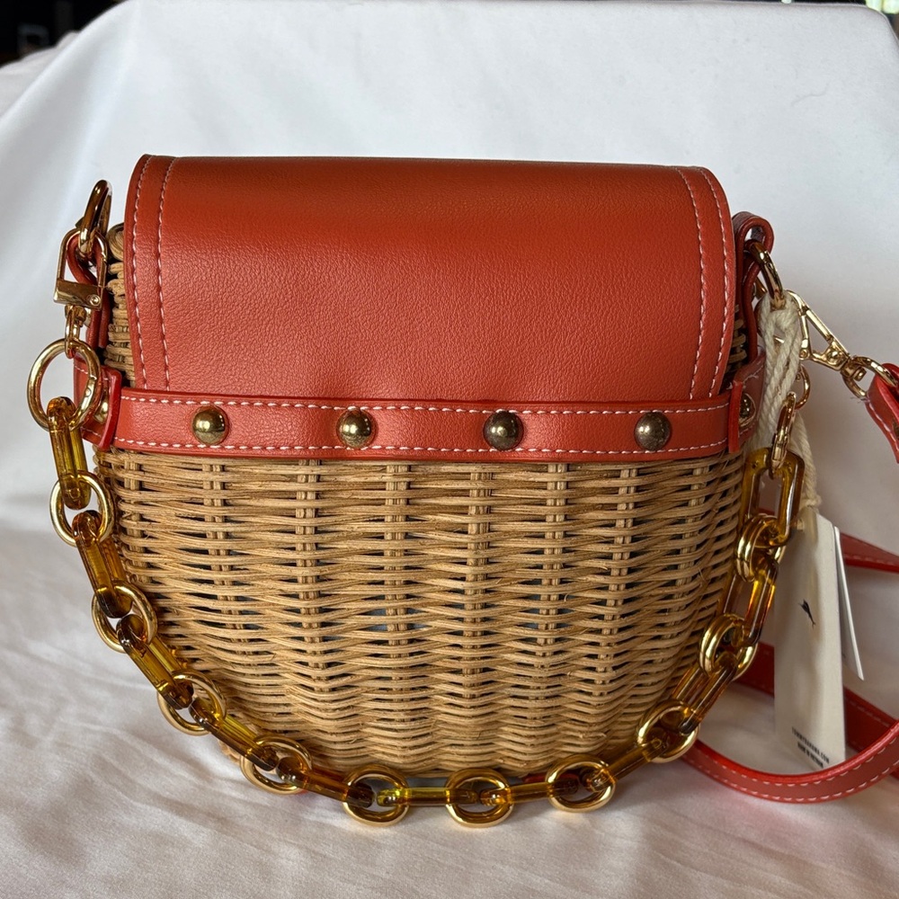 Tommy Bahama Coral-Orange Leather Trim Woven Crossbody - Picture 3 of 5